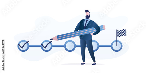 Businessman or manager with big pencil and to do list. Successful execution of business tasks, a day at the office. Confident male worker. Planner, work calendar.