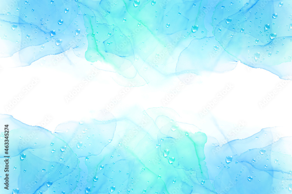 Obraz premium 水滴と抽象的なボケ、ブルーとグリーンの背景 