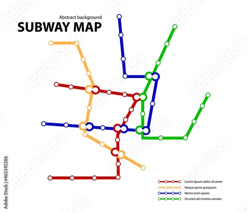 Subway map. Template of fictional city public transport scheme for underground road. Metro or bus abstract traffic pattern with different color routes. Vector card illustration for infographic design