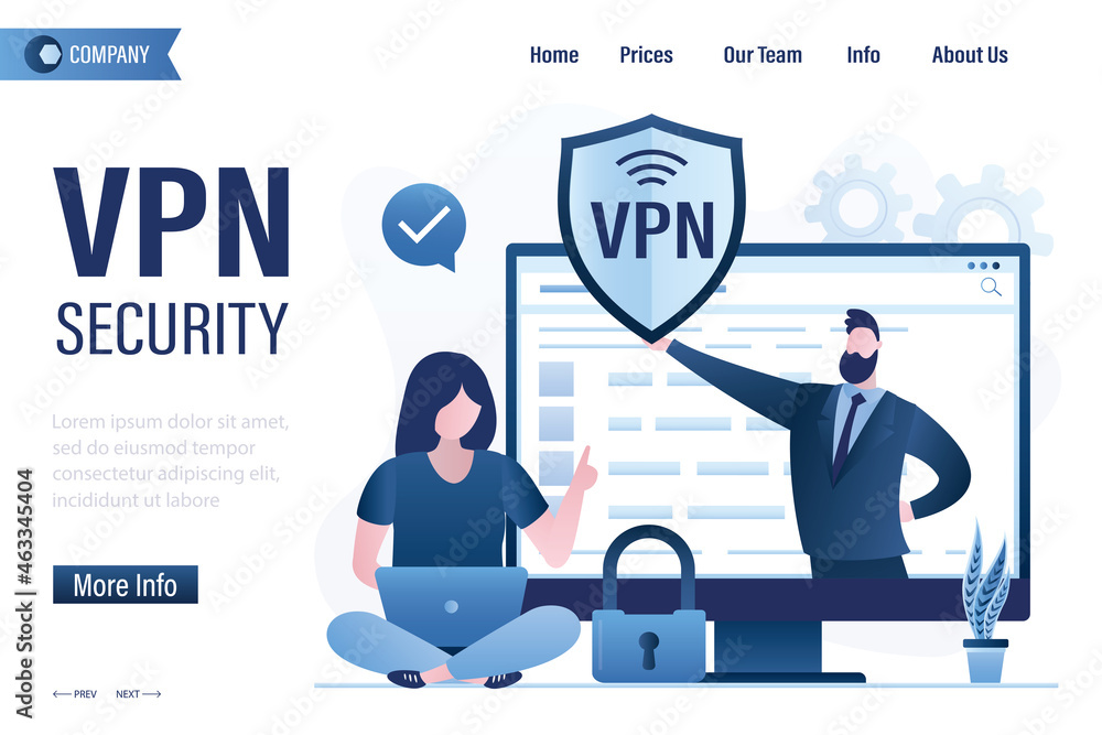 Programmer holds VPN software or plugin. App for secure internet connection, data encryption. Security protocol. Virtual Private Network, landing page template. User or employee uses laptop.