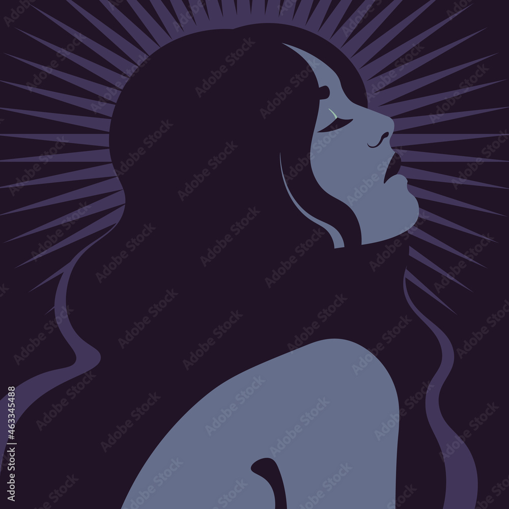 Portrait of a beautiful woman in profile. A face of a young fashion model. Magic and mysticism. Avatar for social networks. Vector illustration in flat style. - obrazy, fototapety, plakaty 