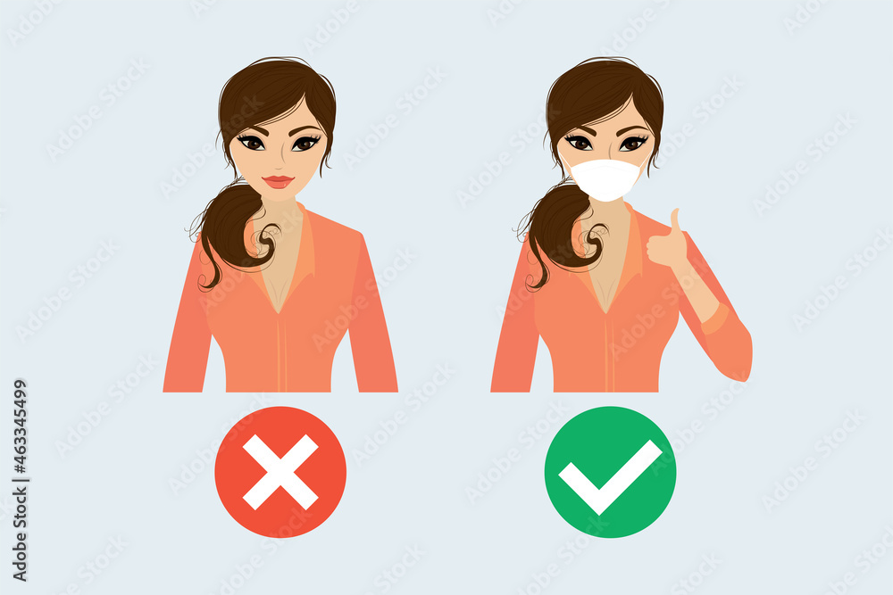 Female character without mask and caucasian woman in protective medical mask. No and Right - signs. Healthcare concept, information poster. Female character without mask and caucasian woman in protective medical mask. No and Right - signs. Healthcare concept, information poster.