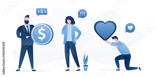 Girl does not know which guy to choose. Wealthy entrepreneur offers money. Woman chooses between businessman and poor guy