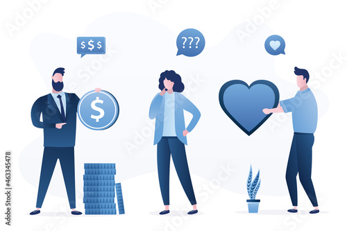 Girl does not know which guy to choose. Wealthy entrepreneur offers money. Woman chooses between businessman and poor guy