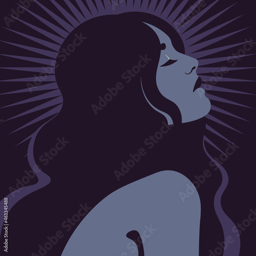 Portrait of a beautiful woman in profile. A face of a young fashion model. Magic and mysticism. Avatar for social networks. Vector illustration in flat style.