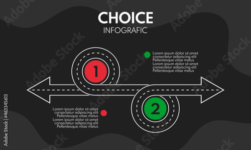2 options choice, left and right direction arrows, old and new vector concept with road line