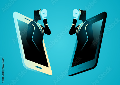 Businessmen talking with each other using mask through smart phone photo