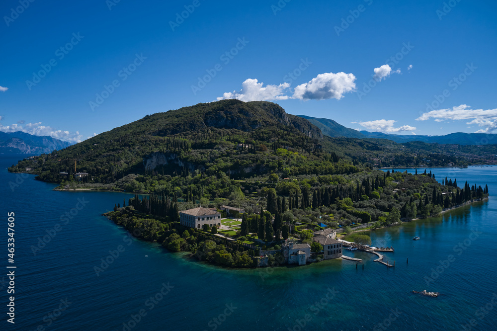 Aerial view of Parco Baia delle Sirene, Lake Garda, Italy. Panorama of punta san vigilio. Top view of baia delle sirene on the coastline of Lake Garda. Baia delle Sirene on the coastline.
