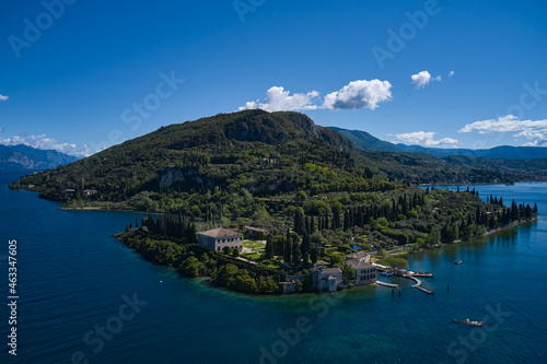 Aerial view of Parco Baia delle Sirene, Lake Garda, Italy. Panorama of punta san vigilio. Top view of baia delle sirene on the coastline of Lake Garda. Baia delle Sirene on the coastline.