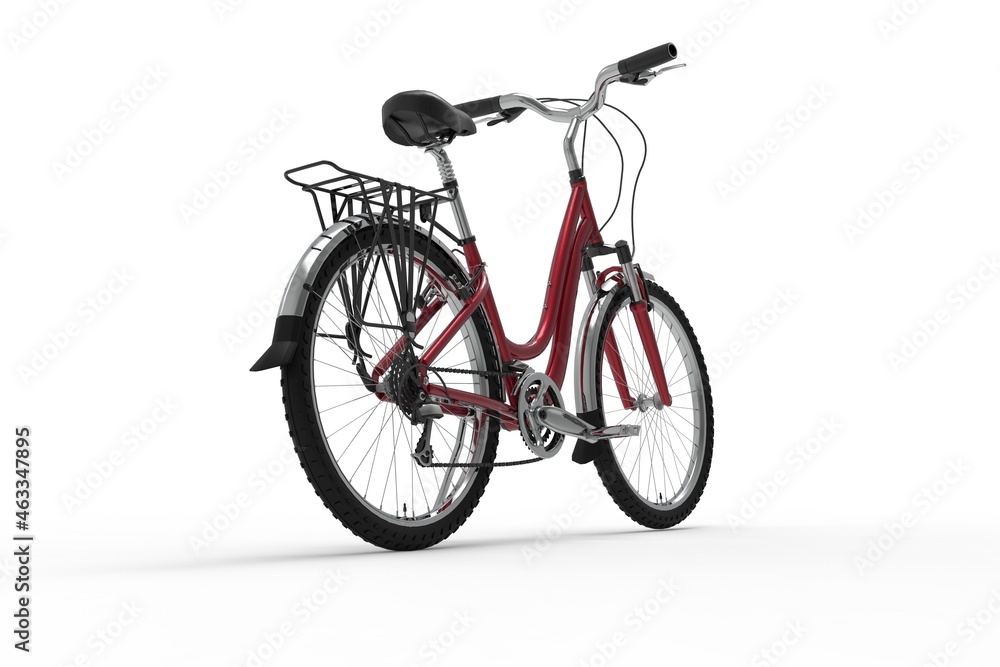 3D illustration of back view of a red bicycle on white background
