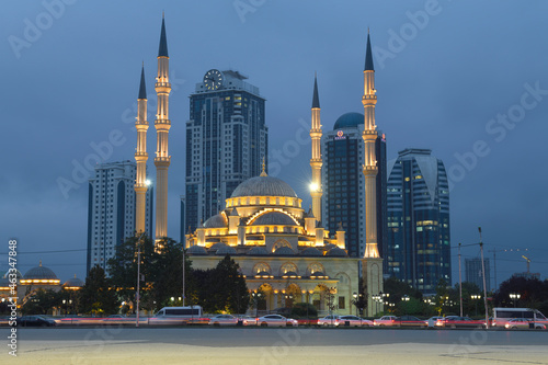 The "Heart of Chechnya" Mosque against the backdrop of the Grozny City complex of buildings in September twilight