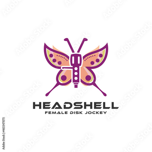 butterfly with headshell female disc jockey vector logo or party design element photo