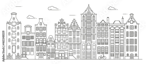 Amsterdam old style houses. Typical dutch canal houses lined up near a canal in the Netherlands. Building and facades for Banner or poster. Vector outline illustration.