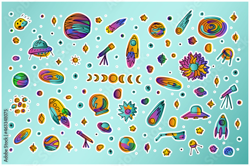 Bright space doodle sticker set. Planets, rockets, stars, comets, asteroids on light blue background. Gradient pink, orange, green neon color astronomical objects. Vector science cute illustration