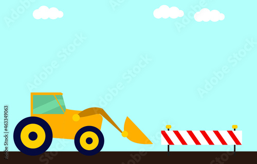 Yellow bulldozer and road barricade, concept of construction companies, vector