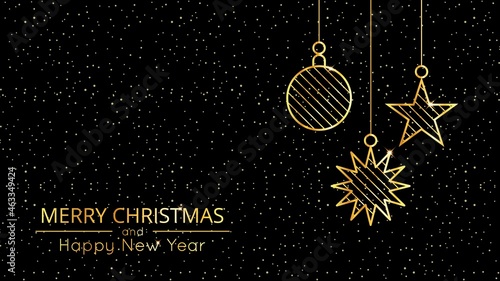 New Year and Christmas background with golden glittering Christmas decorations and snowflakes and text. Luxury elegant vector illustration.