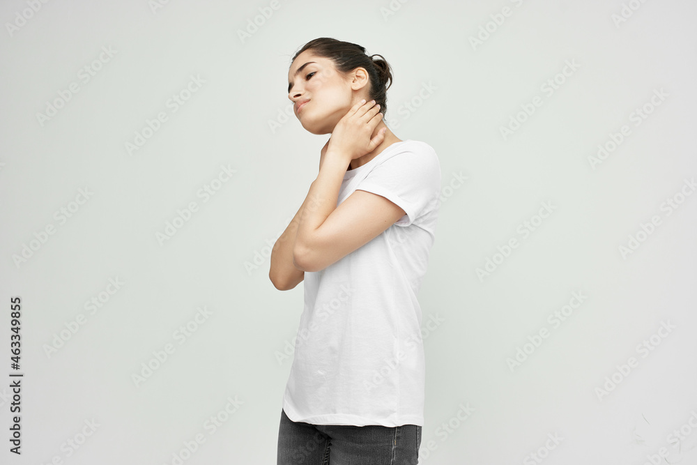 woman with neck pain health problems light background woman with neck pain health problems light background