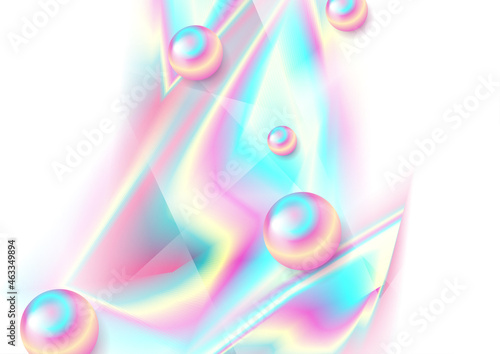 Holographic glass polygonal shapes and 3d beads abstract background. Geometry vector design