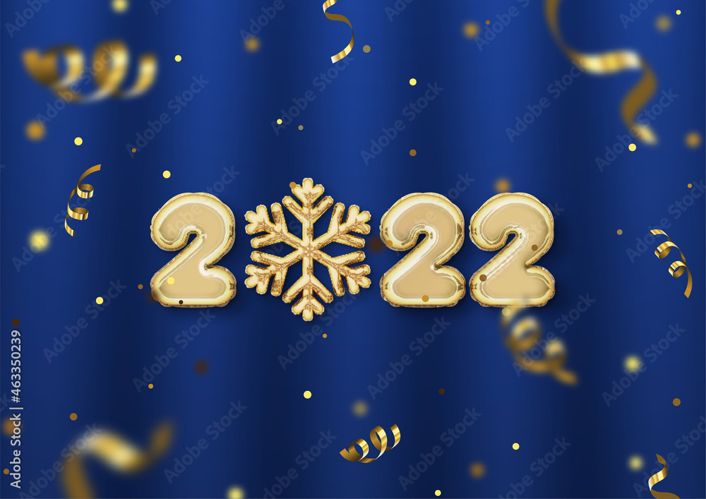 2022 foil balloon text effect with golden snowflake and falling confetti on blue curtain background. Realistic happy new year 2022 background