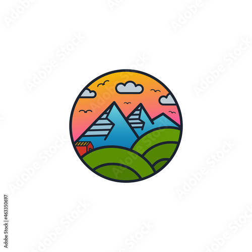 Illustration Vector Graphic of Mountains Landscape with Barn. Good for natural agricultural 