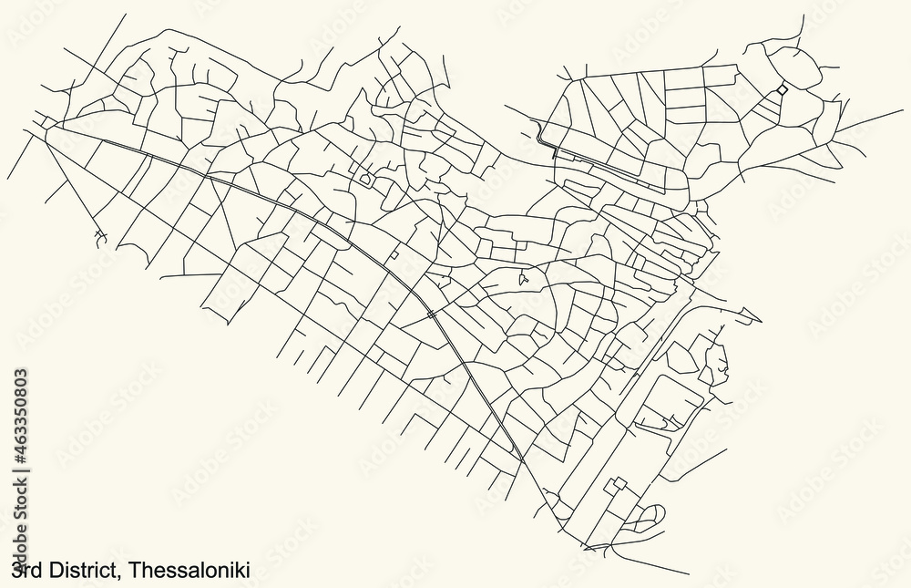 Detailed navigation urban street roads map on vintage beige background of the quarter Third (3rd) district of the Greek regional capital city of Thessaloniki, Greece