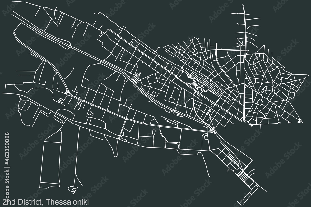 Detailed negative navigation urban street roads map on dark gray background of the quarter Second (2nd) district of the Greek regional capital city of Thessaloniki, Greece
