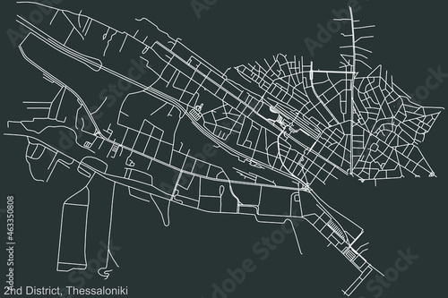 Detailed negative navigation urban street roads map on dark gray background of the quarter Second (2nd) district of the Greek regional capital city of Thessaloniki, Greece