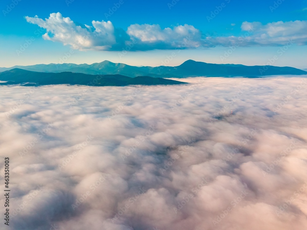 Obraz premium High flight over the fog in the mountains. Ukrainian Carpathians in the morning. Aerial drone view.