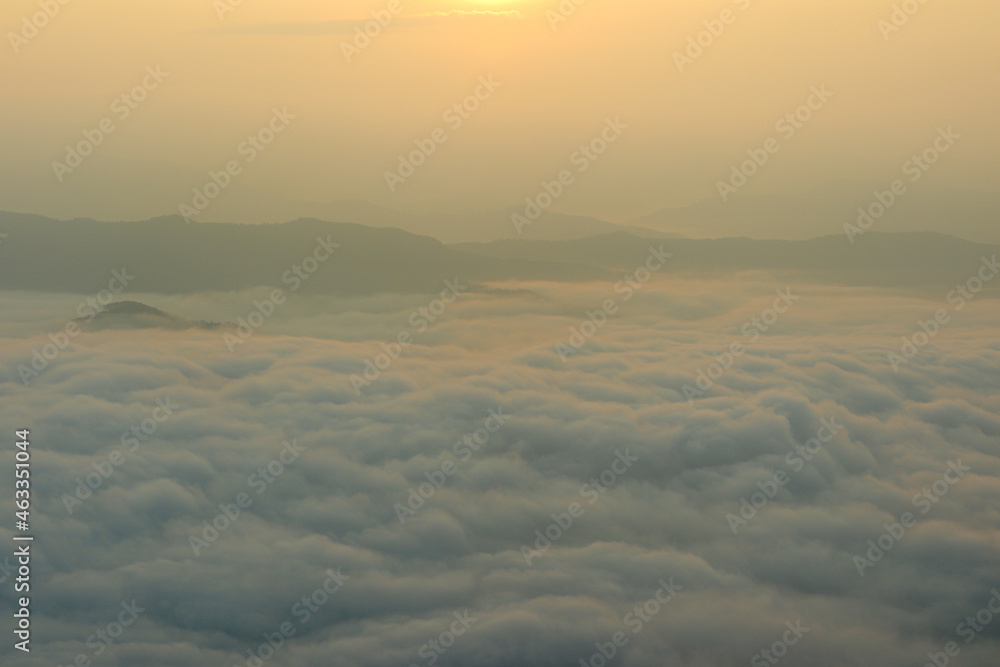 foggy landscape of mist at sunrise