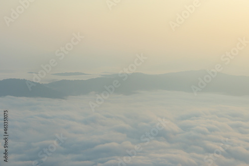 foggy landscape of mist at sunrise