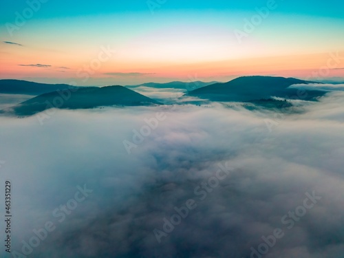 Wallpaper Mural Fog in the mountain valley at dawn. Ukrainian Carpathians in the morning in the haze. Aerial drone view. Torontodigital.ca