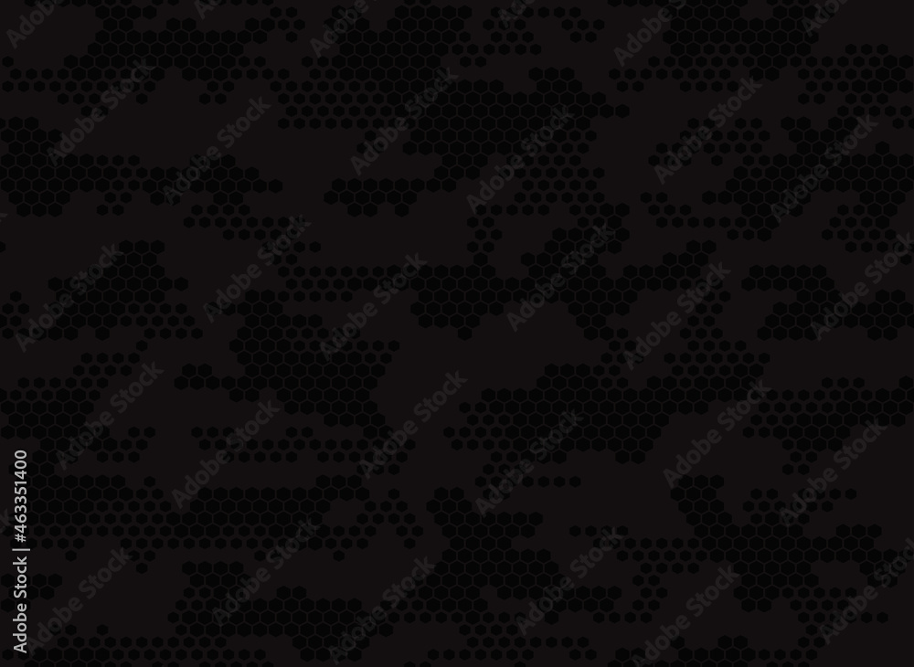 Hexagonal camouflage black pattern, endless background, trendy digital texture.
Hexagonal camouflage black pattern, endless background, trendy digital texture.