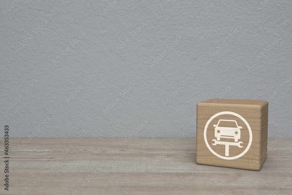 Service fix car with wrench tool flat icon on block cube on wooden table over white wall background, Business repair car service concept Service fix car with wrench tool flat icon on block cube on wooden table over white wall background, Business repair car service concept