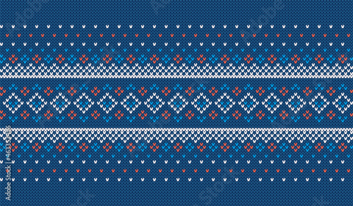 Knit seamless print. Christmas pattern. Knitted blue background. Xmas texture. Sweater frame. Holiday fair isle ornament. Winter textile with rhombus. Festive traditional crochet. Vector illustration
