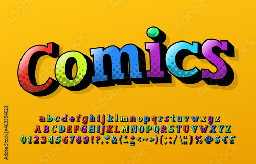 Comics alphabet font. Letters, numbers and punctuations in retro comic style. Stock vector illustration typography design.
