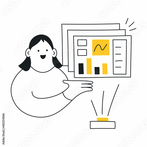 Business or marketing analytics, data analysis, building a dashboard. A cute outline cartoon woman holds a projection of interfaces with data in her hands. Thin linear vector illustration on white