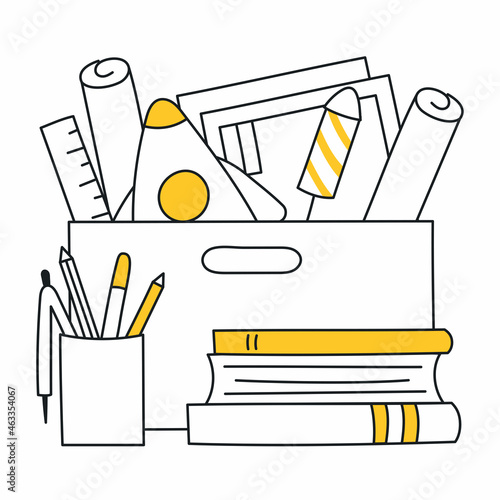 Personal belongings in a box, a container with work items - a rocket, books, notebooks, photographs, plans,  stationery, office items. You've fired concept, memories. Thin line yellow vector