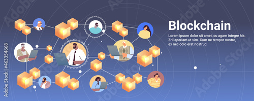 cryptocurrency blockchain technology businesspeople trading and investing on laptops virtual currency on world map