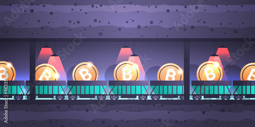 underground minecart on rails with bitcoins blockchain cryptocurrency mining concept horizontal