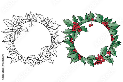 Christmas coloring page wreath with holly and berries