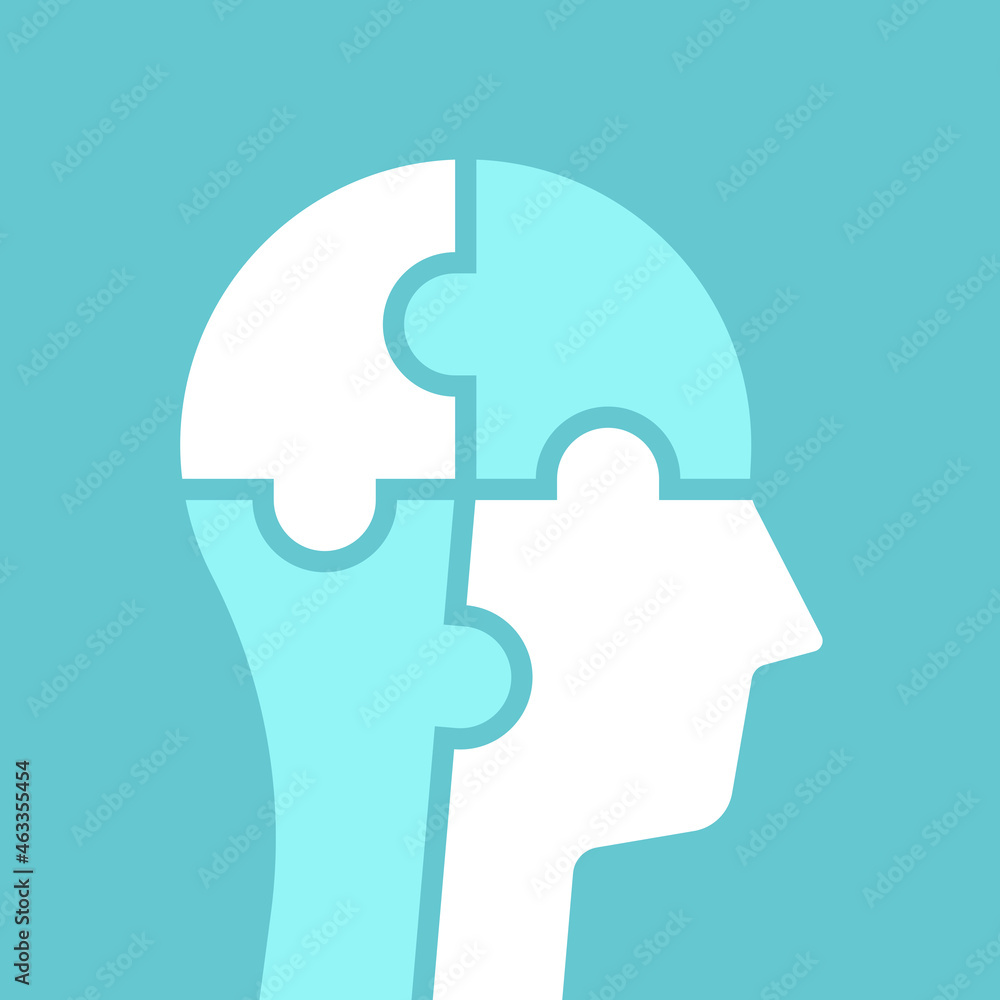 Head silhouette of four white and blue puzzle pieces. Mind, knowledge, education, development, order, logic and solution concept. EPS 8 vector illustration, no transparency, no gradients Head silhouette of four white and blue puzzle pieces. Mind, knowledge, education, development, order, logic and solution concept. EPS 8 vector illustration, no transparency, no gradients