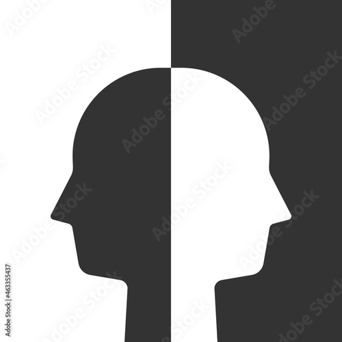 Head of halves on white and black. Good and evil sides, psychology, bipolar disorder, emotion and mind concept. Flat design. EPS 8 vector illustration, no transparency, no gradients