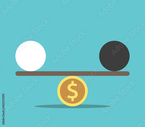 Two spheres on seesaw weight scale balanced on dollar coin. Profit, injustice, corruption, bribery, greed and budget concept. Flat design. EPS 8 vector illustration, no transparency, no gradients