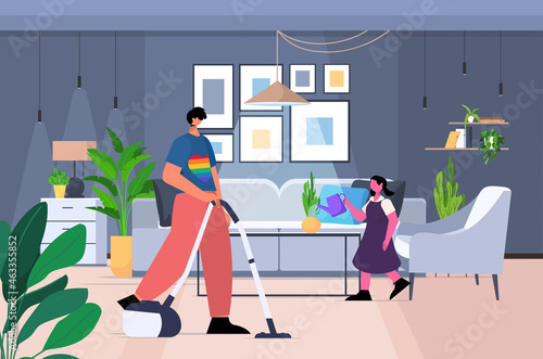 father cleaning house with little daughter transgender love LGBT community concept living room interior