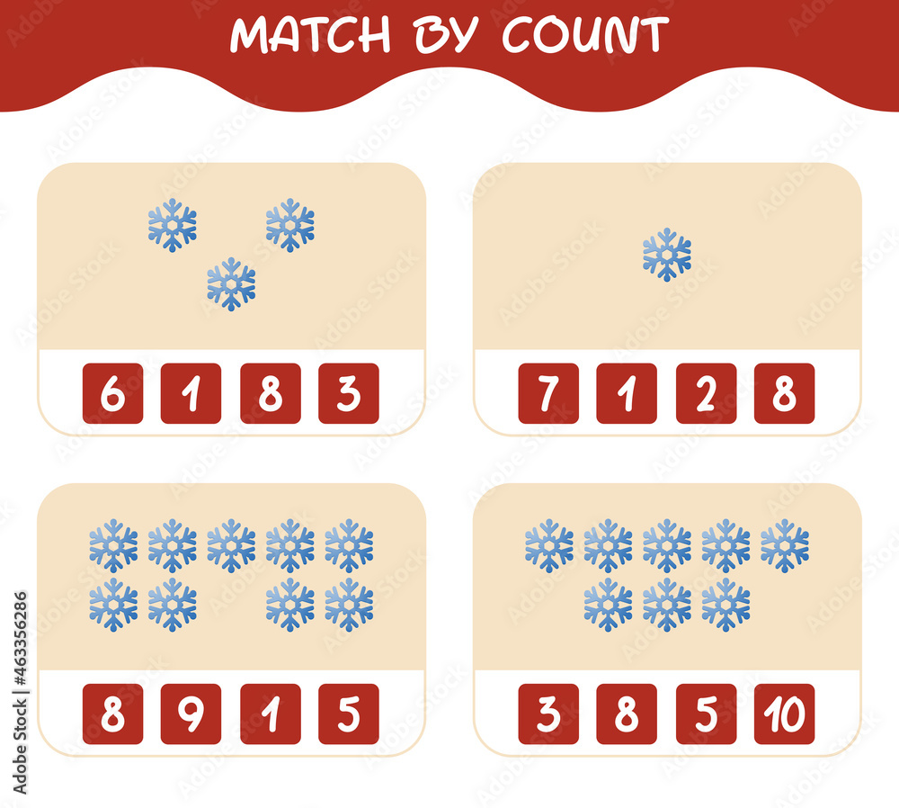 Match by count of cartoon snowflake. Match and count game. Educational game for pre shool years kids and toddlers Match by count of cartoon snowflake. Match and count game. Educational game for pre shool years kids and toddlers