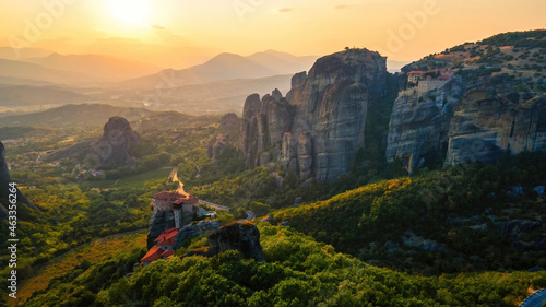 Aerial drone view of the Meteora in Greece at sunset