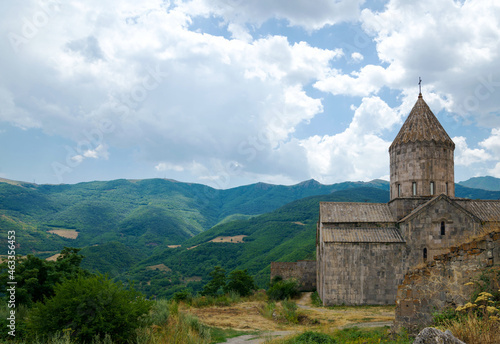 the Tatev monastery is above the river Vorotans canyon  in thick walls is monks cells