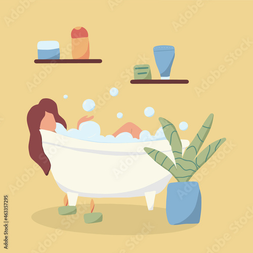 Hand-drawn illustration of a girl in the bathroom. A woman is resting in bathtub with foam.