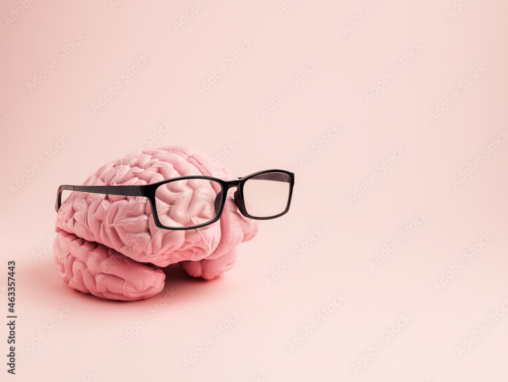 Pink human brain with glasses on pastel pink background. Creative thinking concept. Minimal knowledge, brainstorming, intelligence or business idea layout with copy space. Abstract pop art. Pink human brain with glasses on pastel pink background. Creative thinking concept. Minimal knowledge, brainstorming, intelligence or business idea layout with copy space. Abstract pop art.