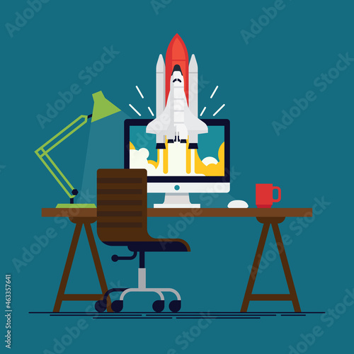 Cool flat vector concept on startup or sole proprietorship fast growing business and success with workplace equipped with desktop computer, lamp and chair and shuttle spacecraft flying off the screen